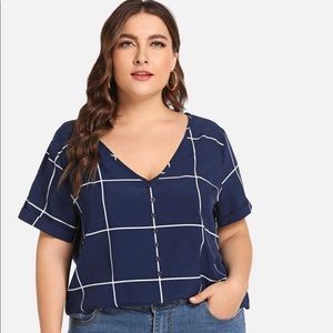 Shein Plus Button Detail Grid Print Navy Blouse